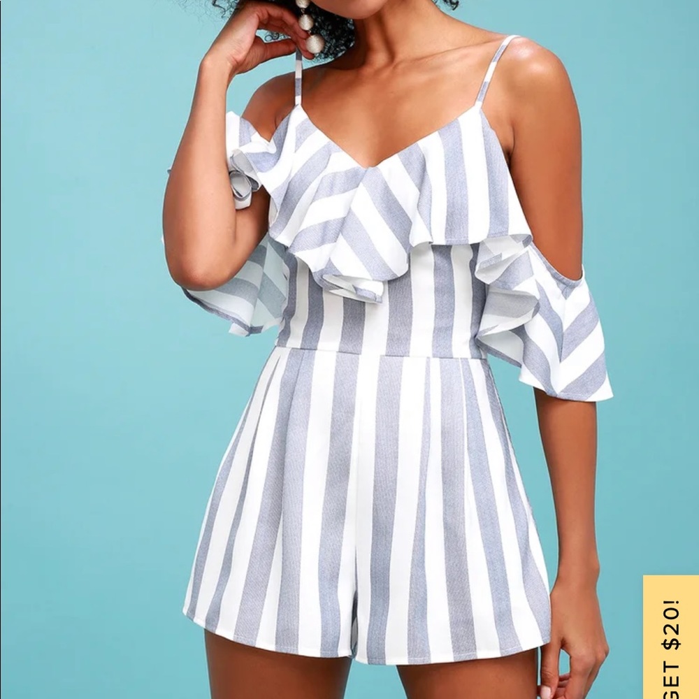 Beach House Blue & White Off-the-Shoulder Romper